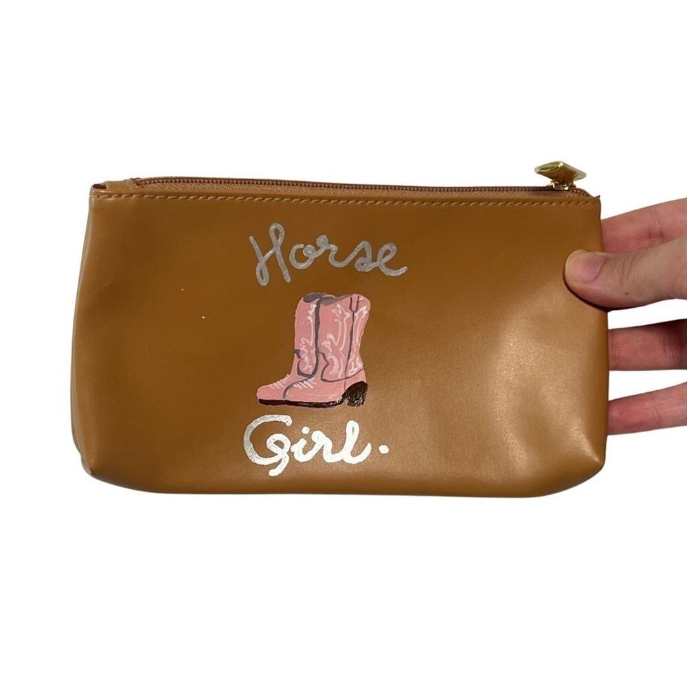 Handpainted Cosmetic Bag Cowgirl Horse Girl Howdy Travel Zip Pouch Tan and Pink